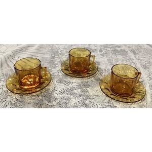 Vintage Set of 3 Arcoroc France Durand Petale Amber Thumbprint Cups & Saucers